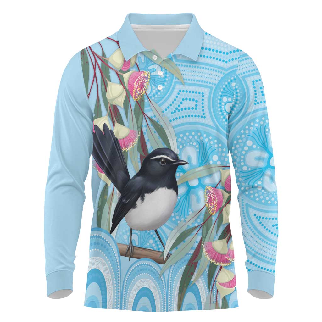 Willie wagtail Australia Long Sleeve Polo Shirt Eucalyptus Blossoms Aboriginal Art - Aussie Hoodie