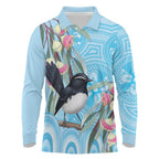 Willie wagtail Australia Long Sleeve Polo Shirt Eucalyptus Blossoms Aboriginal Art - Aussie Hoodie