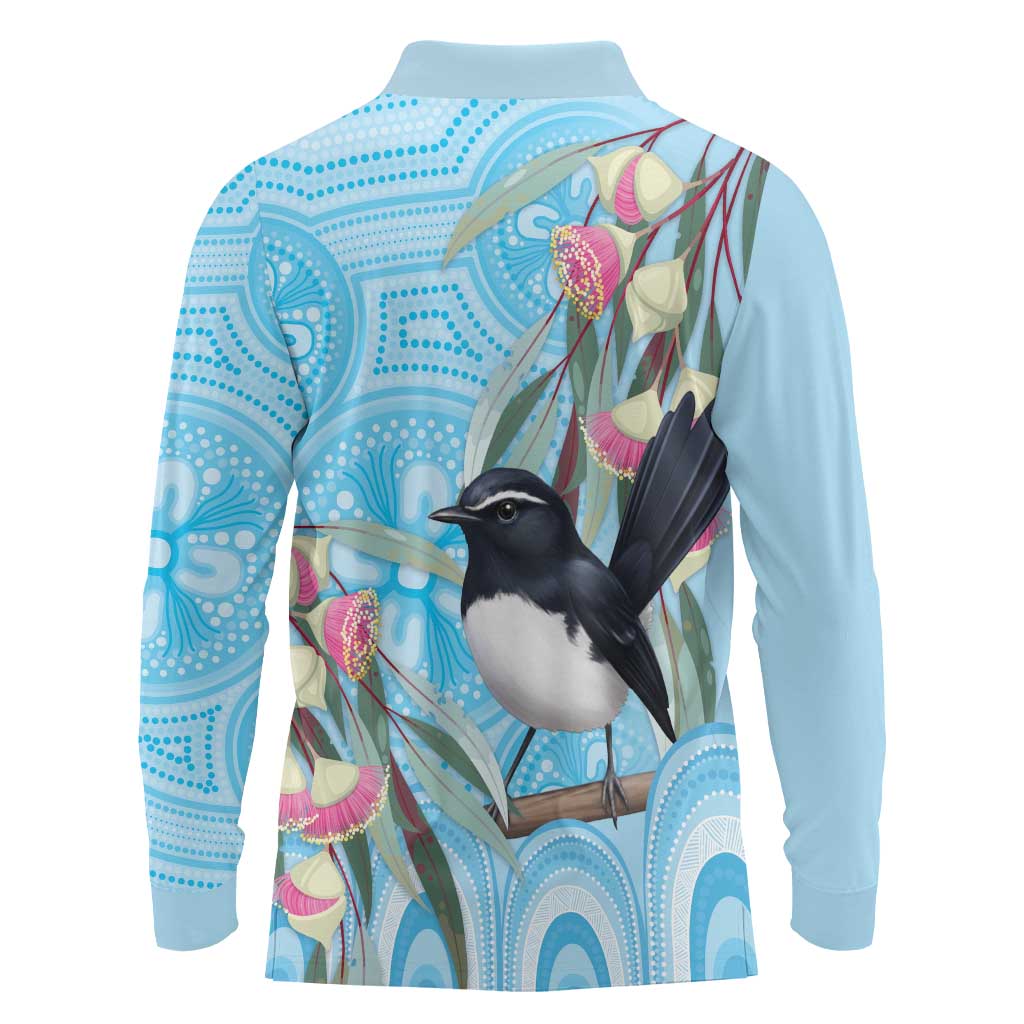 Willie wagtail Australia Long Sleeve Polo Shirt Eucalyptus Blossoms Aboriginal Art - Aussie Hoodie