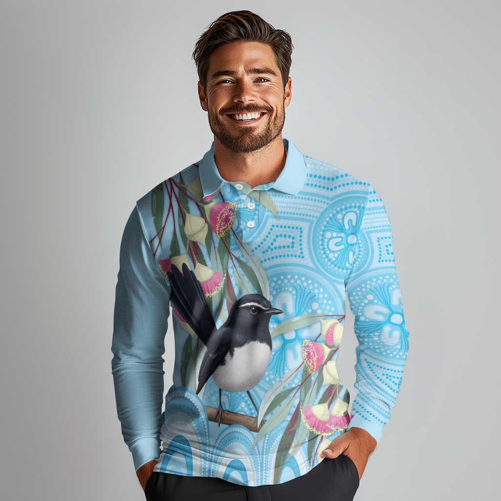 Willie wagtail Australia Long Sleeve Polo Shirt Eucalyptus Blossoms Aboriginal Art - Aussie Hoodie