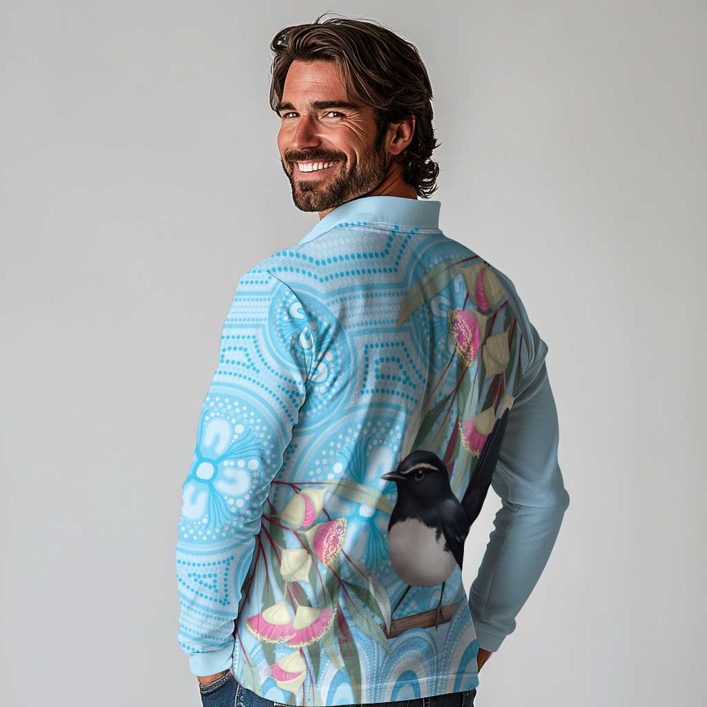 Willie wagtail Australia Long Sleeve Polo Shirt Eucalyptus Blossoms Aboriginal Art - Aussie Hoodie