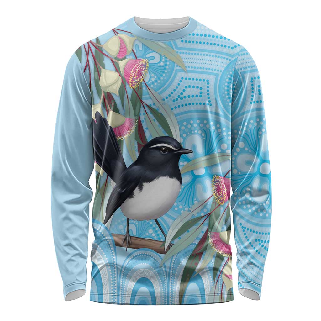 Willie wagtail Australia Long Sleeve Shirt Eucalyptus Blossoms Aboriginal Art - Aussie Hoodie