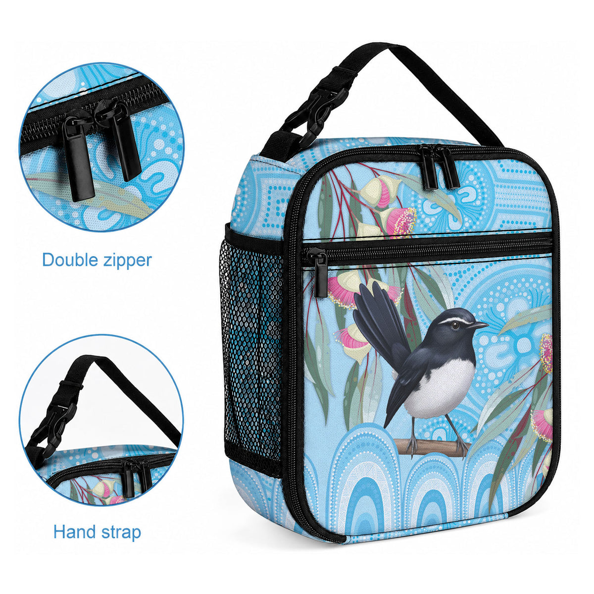 Willie wagtail Australia Lunch Bag Eucalyptus Blossoms Aboriginal Art
