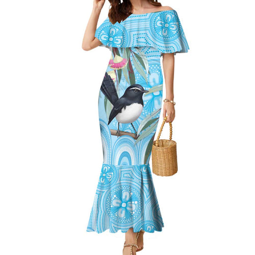 Willie wagtail Australia Mermaid Dress Eucalyptus Blossoms Aboriginal Art - Aussie Hoodie