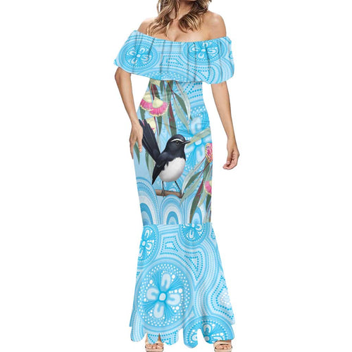 Willie wagtail Australia Mermaid Dress Eucalyptus Blossoms Aboriginal Art - Aussie Hoodie