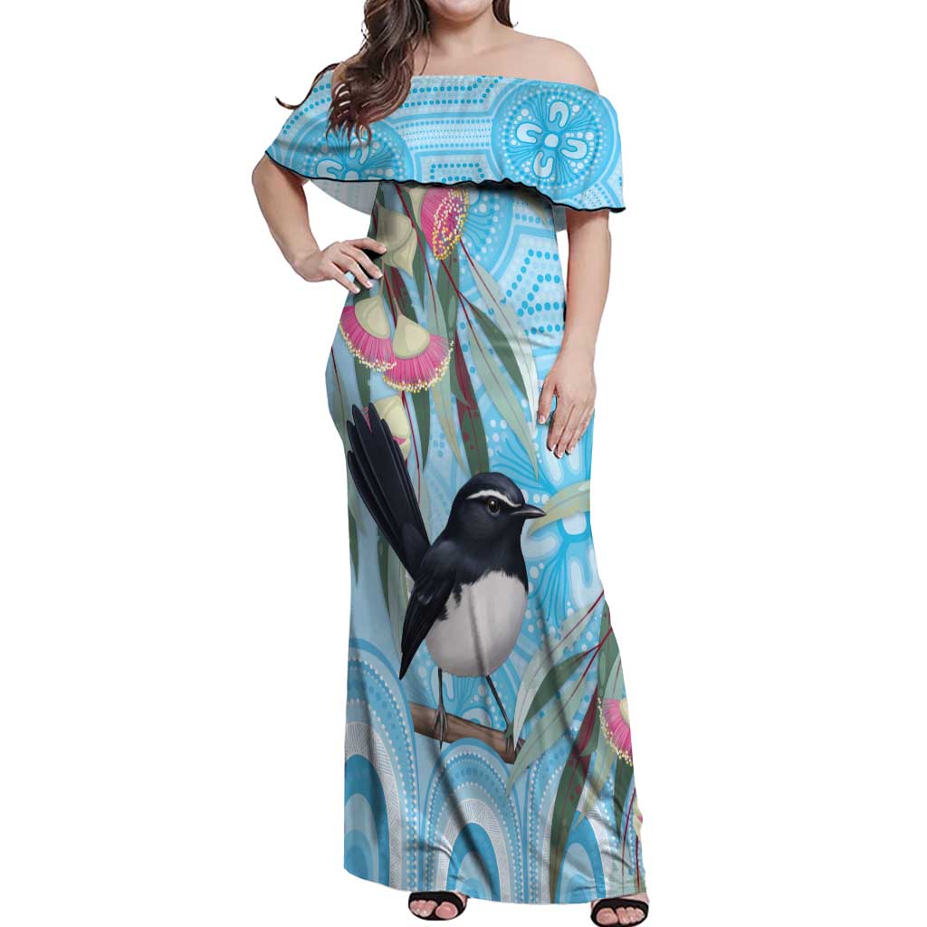Willie wagtail Australia Off Shoulder Maxi Dress Eucalyptus Blossoms Aboriginal Art - Aussie Hoodie