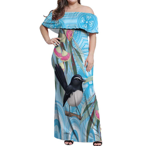 Willie wagtail Australia Off Shoulder Maxi Dress Eucalyptus Blossoms Aboriginal Art - Aussie Hoodie