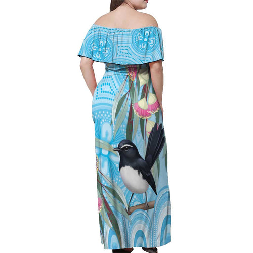 Willie wagtail Australia Off Shoulder Maxi Dress Eucalyptus Blossoms Aboriginal Art - Aussie Hoodie