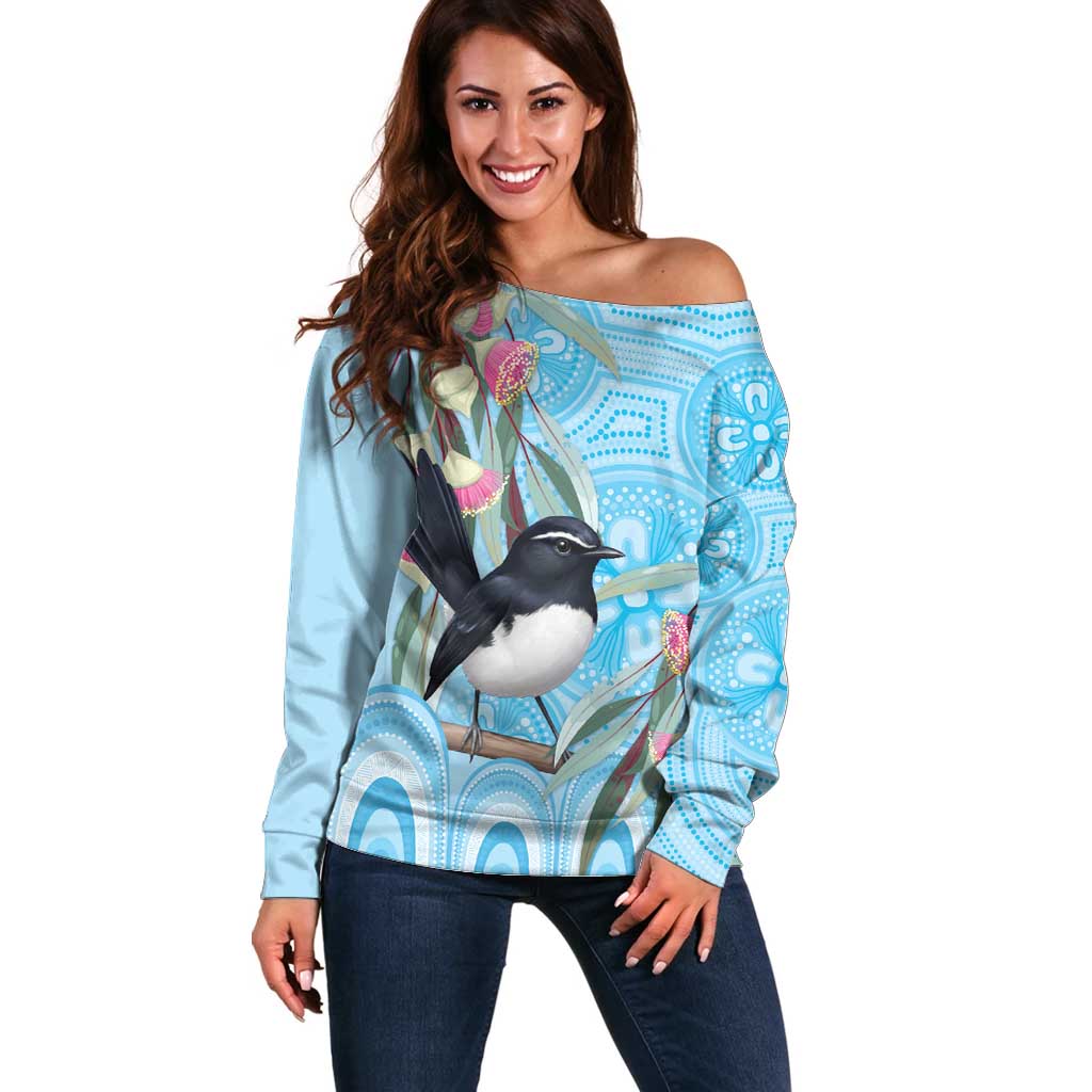 Willie wagtail Australia Off Shoulder Sweater Eucalyptus Blossoms Aboriginal Art - Aussie Hoodie