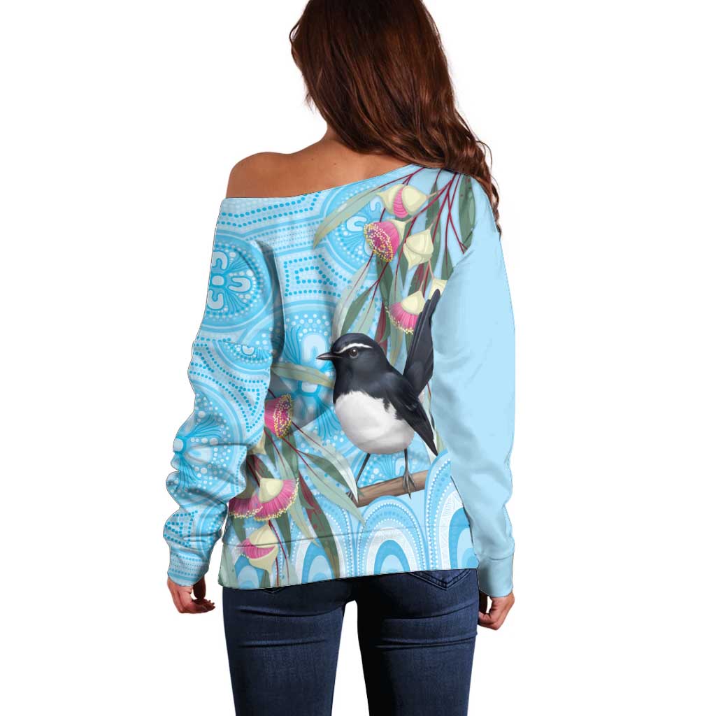 Willie wagtail Australia Off Shoulder Sweater Eucalyptus Blossoms Aboriginal Art - Aussie Hoodie