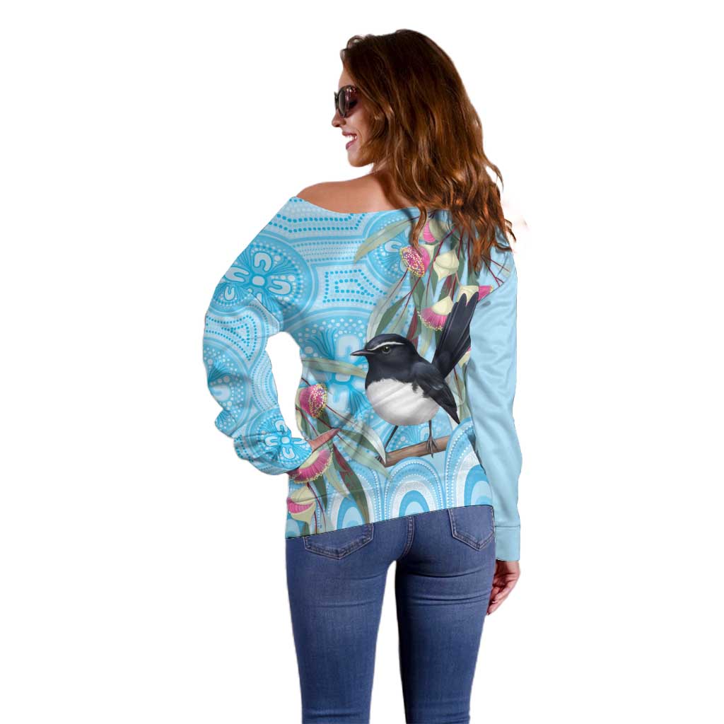 Willie wagtail Australia Off Shoulder Sweater Eucalyptus Blossoms Aboriginal Art - Aussie Hoodie