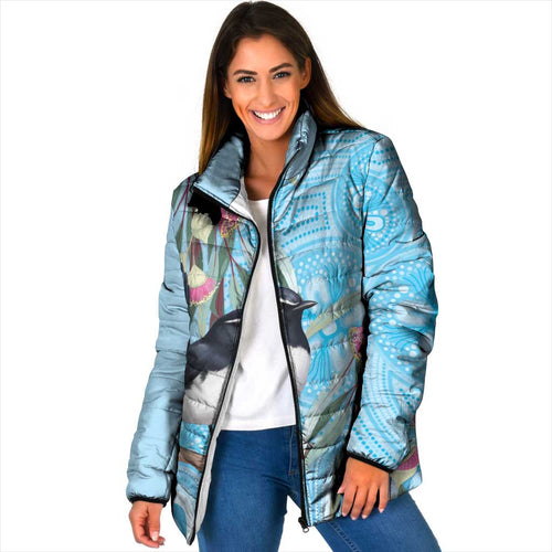 Willie wagtail Australia Padded Jacket Eucalyptus Blossoms Aboriginal Art - Aussie Hoodie