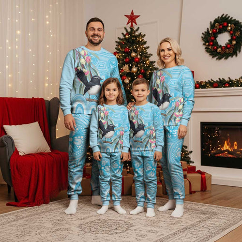 Willie wagtail Australia Christmas Pajama Set Eucalyptus Blossoms Aboriginal Art - Aussie Hoodie