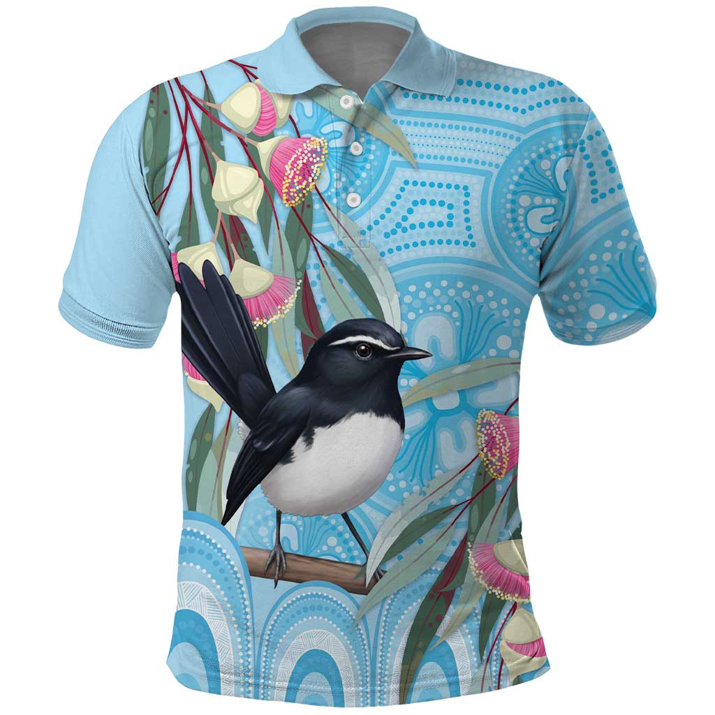 Willie wagtail Australia Polo Shirt Eucalyptus Blossoms Aboriginal Art - Aussie Hoodie