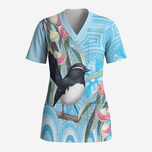 Willie wagtail Australia Scrub Top Eucalyptus Blossoms Aboriginal Art - Aussie Hoodie