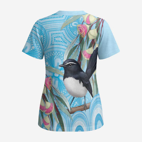 Willie wagtail Australia Scrub Top Eucalyptus Blossoms Aboriginal Art - Aussie Hoodie