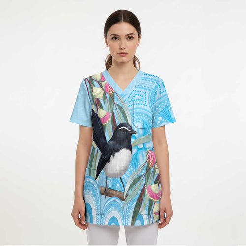 Willie wagtail Australia Scrub Top Eucalyptus Blossoms Aboriginal Art - Aussie Hoodie