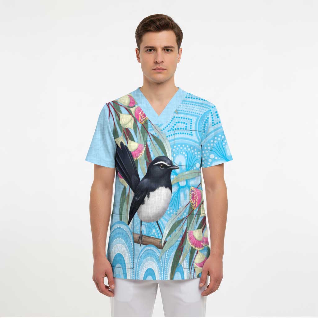 Willie wagtail Australia Scrub Top Eucalyptus Blossoms Aboriginal Art - Aussie Hoodie