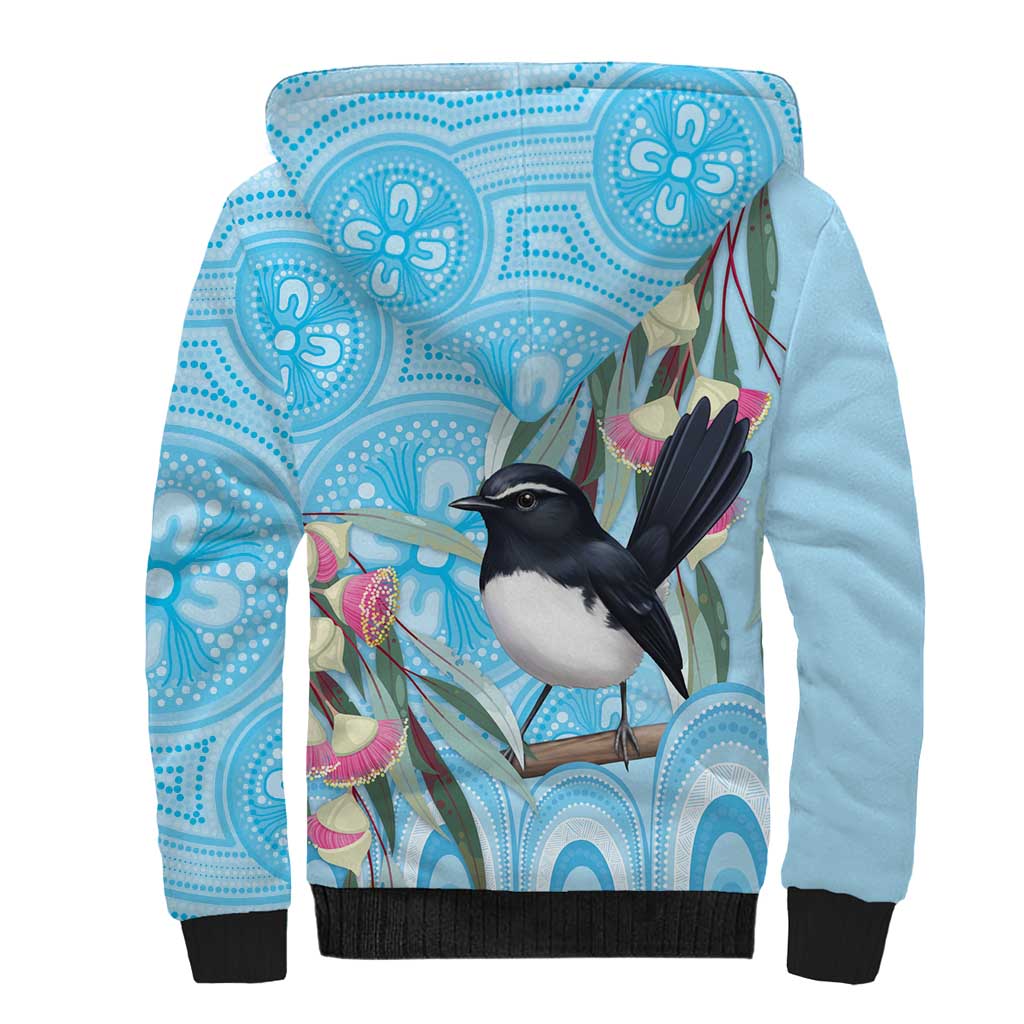 Willie wagtail Australia Sherpa Hoodie Eucalyptus Blossoms Aboriginal Art - Aussie Hoodie