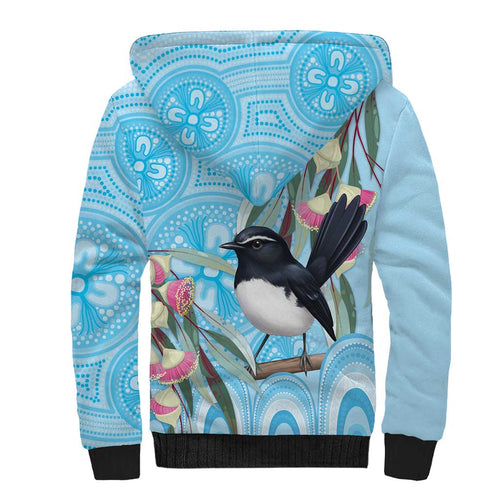 Willie wagtail Australia Sherpa Hoodie Eucalyptus Blossoms Aboriginal Art - Aussie Hoodie