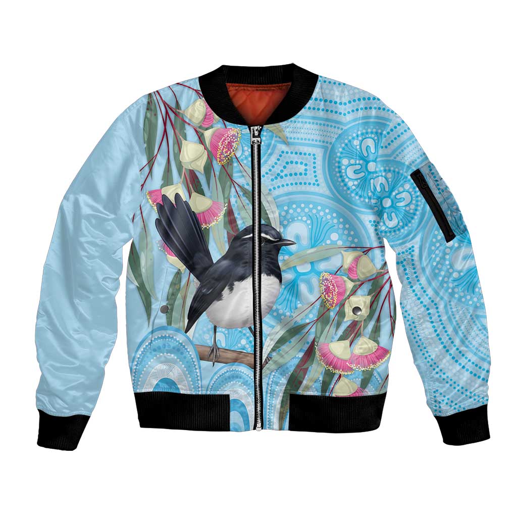 Willie wagtail Australia Sleeve Zip Bomber Jacket Eucalyptus Blossoms Aboriginal Art - Aussie Hoodie