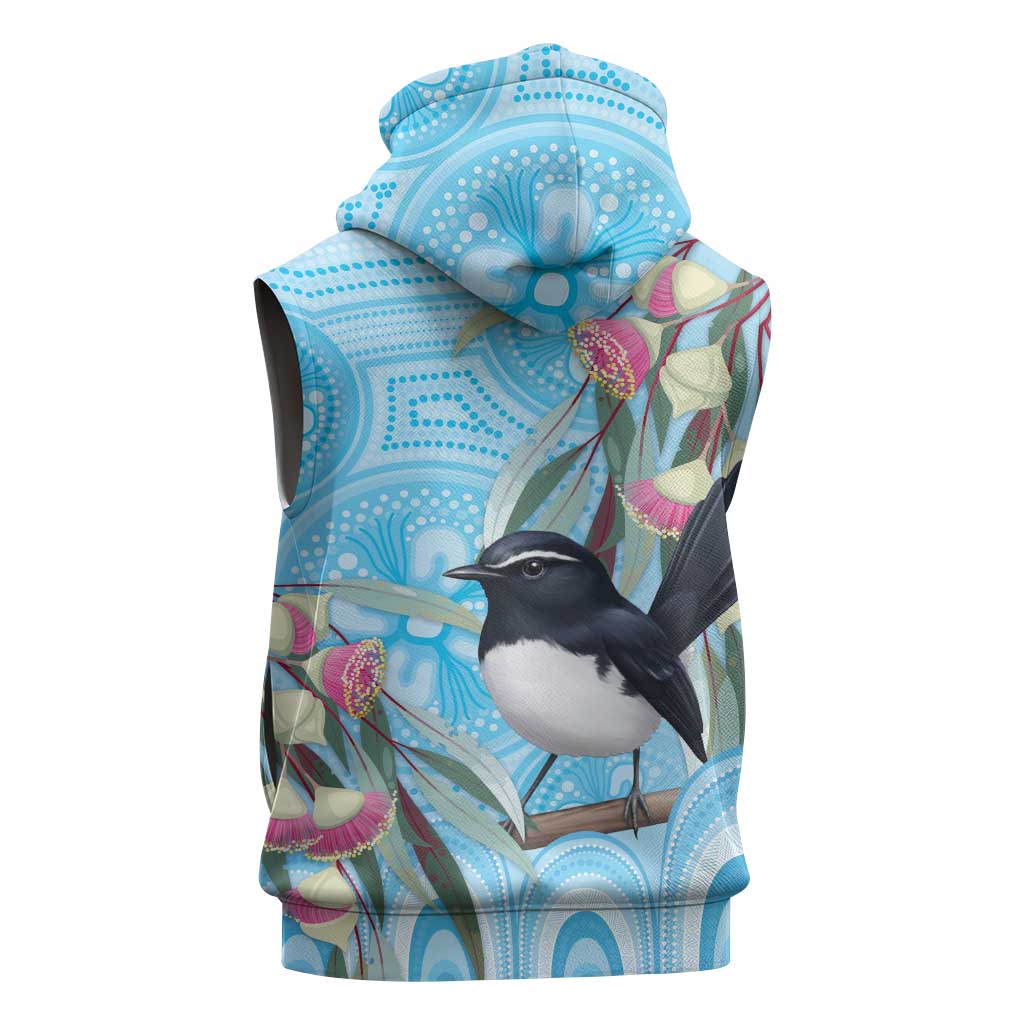 Willie wagtail Australia Sleeveless Hoodie Eucalyptus Blossoms Aboriginal Art - Aussie Hoodie