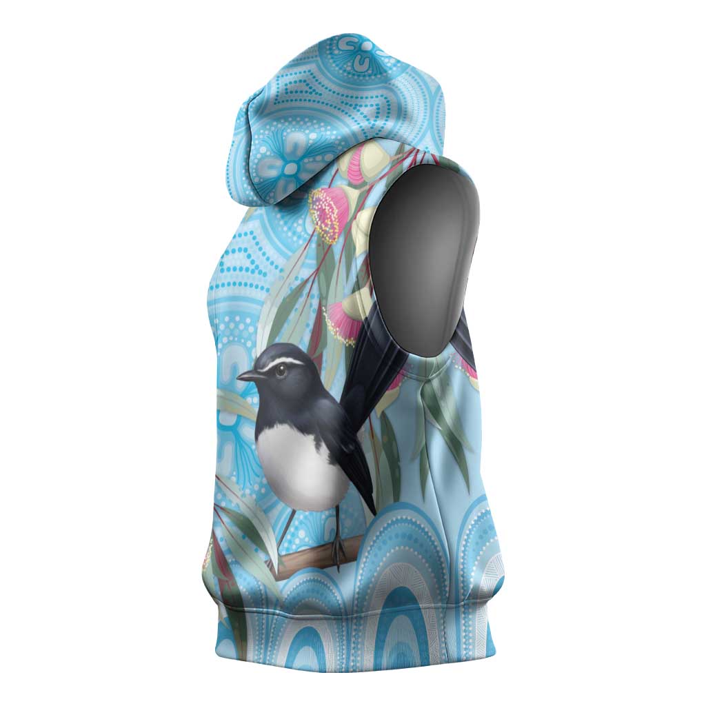 Willie wagtail Australia Sleeveless Hoodie Eucalyptus Blossoms Aboriginal Art - Aussie Hoodie