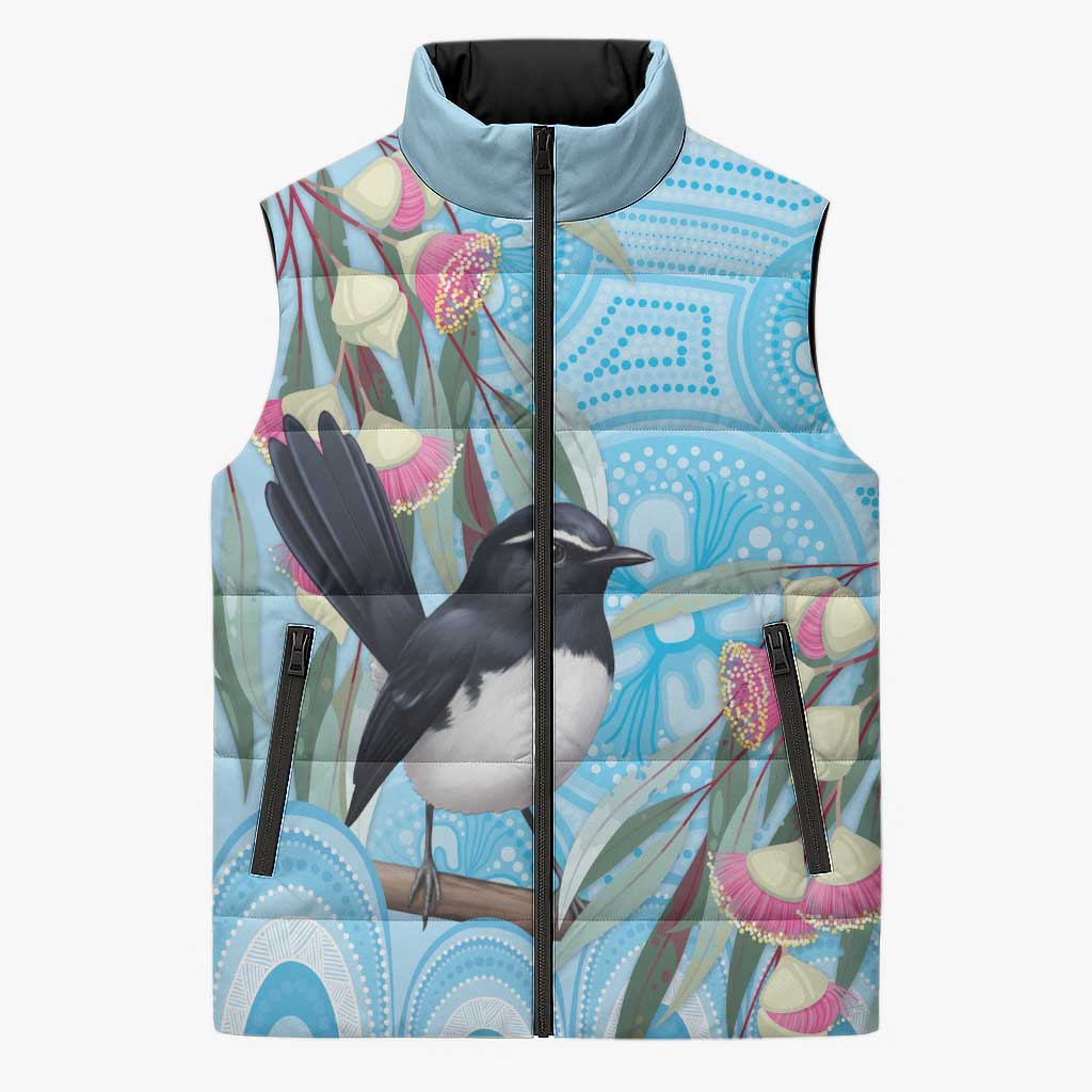 Willie wagtail Australia Sleeveless Puffer Jacket Eucalyptus Blossoms Aboriginal Art - Aussie Hoodie