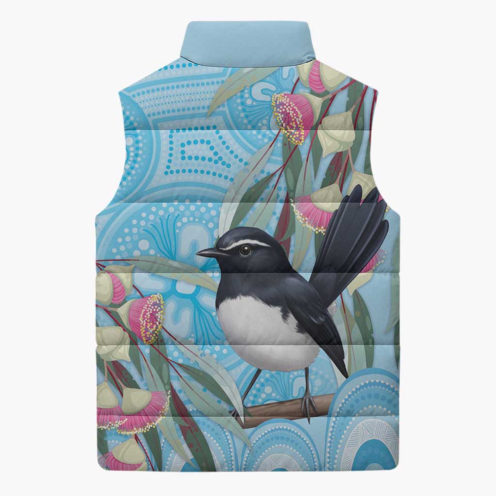 Willie wagtail Australia Sleeveless Puffer Jacket Eucalyptus Blossoms Aboriginal Art - Aussie Hoodie