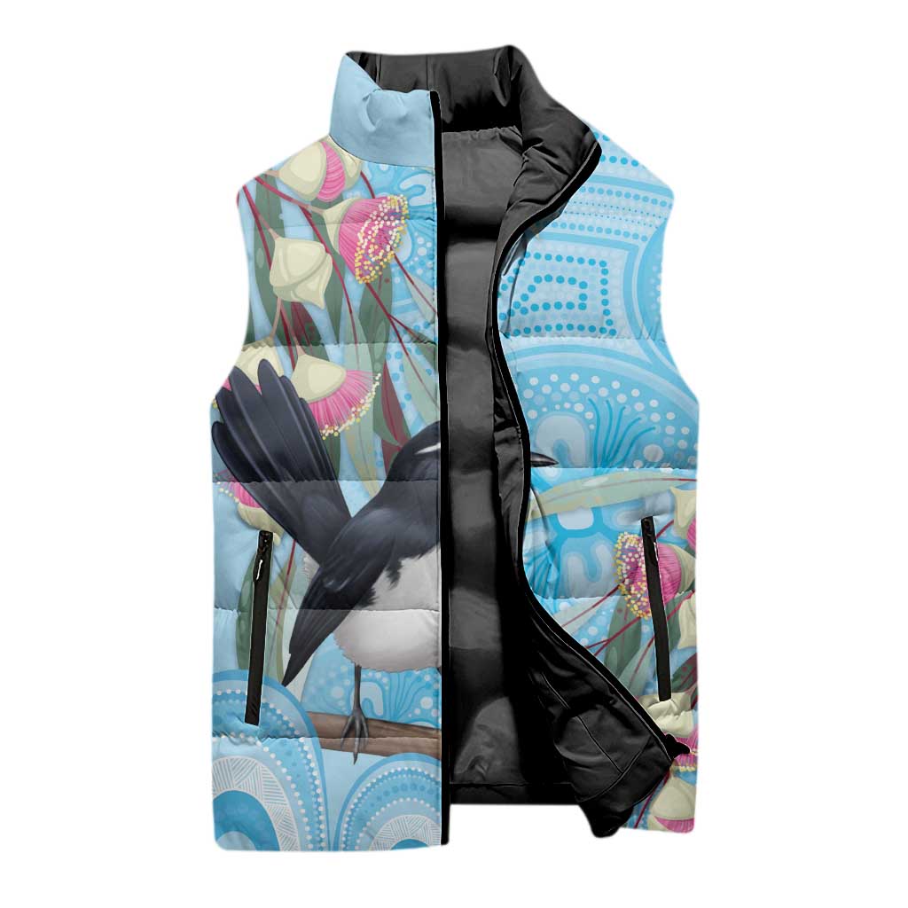 Willie wagtail Australia Sleeveless Puffer Jacket Eucalyptus Blossoms Aboriginal Art - Aussie Hoodie