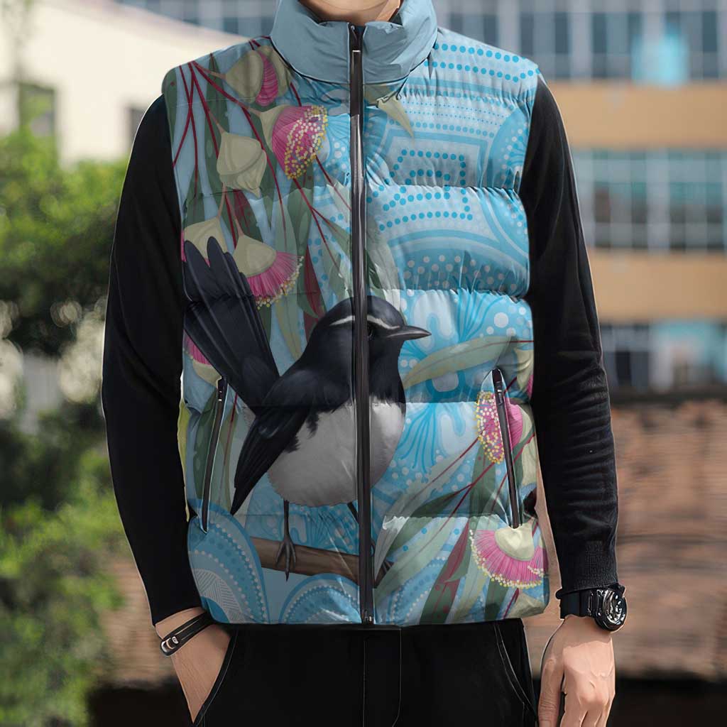 Willie wagtail Australia Sleeveless Puffer Jacket Eucalyptus Blossoms Aboriginal Art - Aussie Hoodie