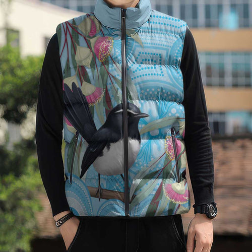 Willie wagtail Australia Sleeveless Puffer Jacket Eucalyptus Blossoms Aboriginal Art - Aussie Hoodie