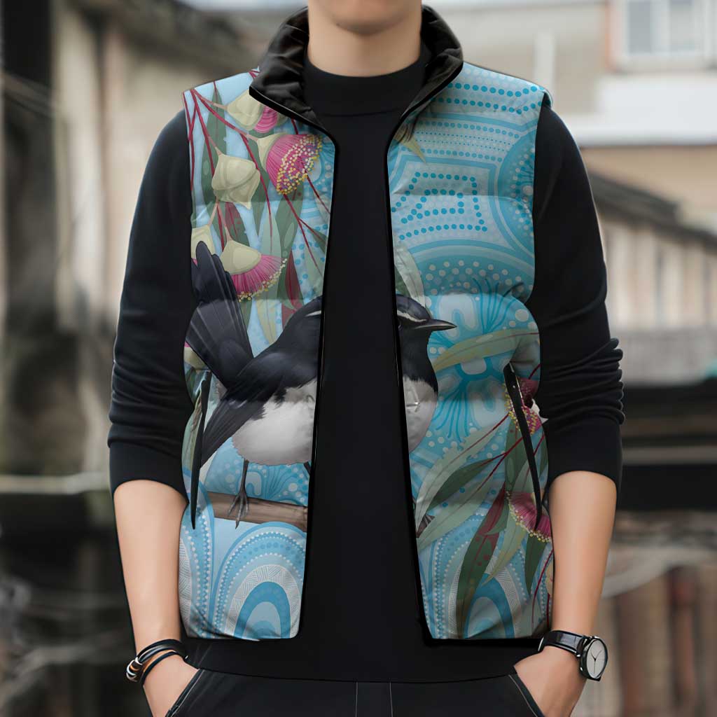 Willie wagtail Australia Sleeveless Puffer Jacket Eucalyptus Blossoms Aboriginal Art - Aussie Hoodie