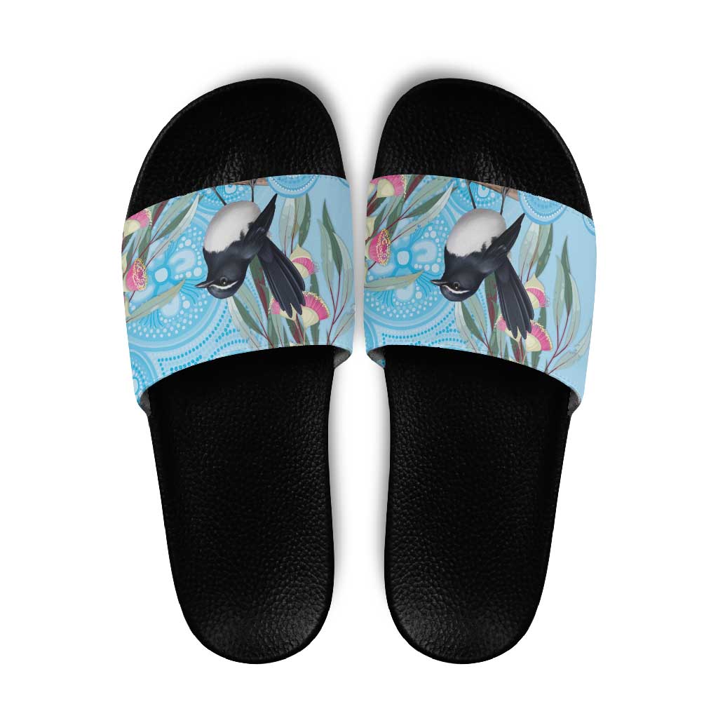 Willie wagtail Australia Slide Sandals Eucalyptus Blossoms Aboriginal Art - Aussie Hoodie