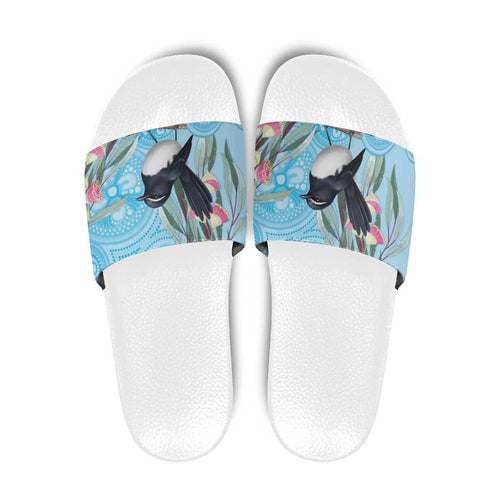 Willie wagtail Australia Slide Sandals Eucalyptus Blossoms Aboriginal Art - Aussie Hoodie