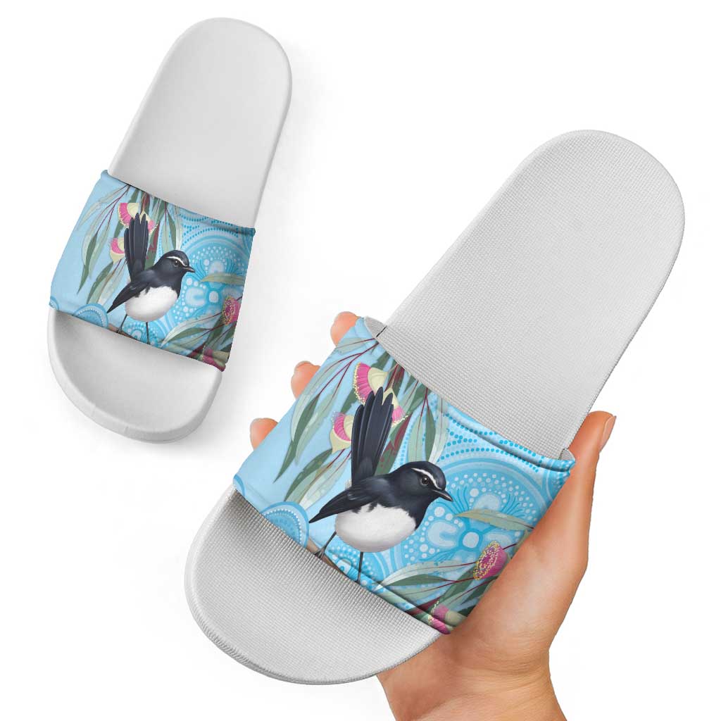 Willie wagtail Australia Slide Sandals Eucalyptus Blossoms Aboriginal Art - Aussie Hoodie