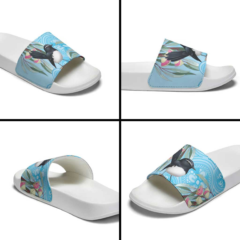 Willie wagtail Australia Slide Sandals Eucalyptus Blossoms Aboriginal Art - Aussie Hoodie