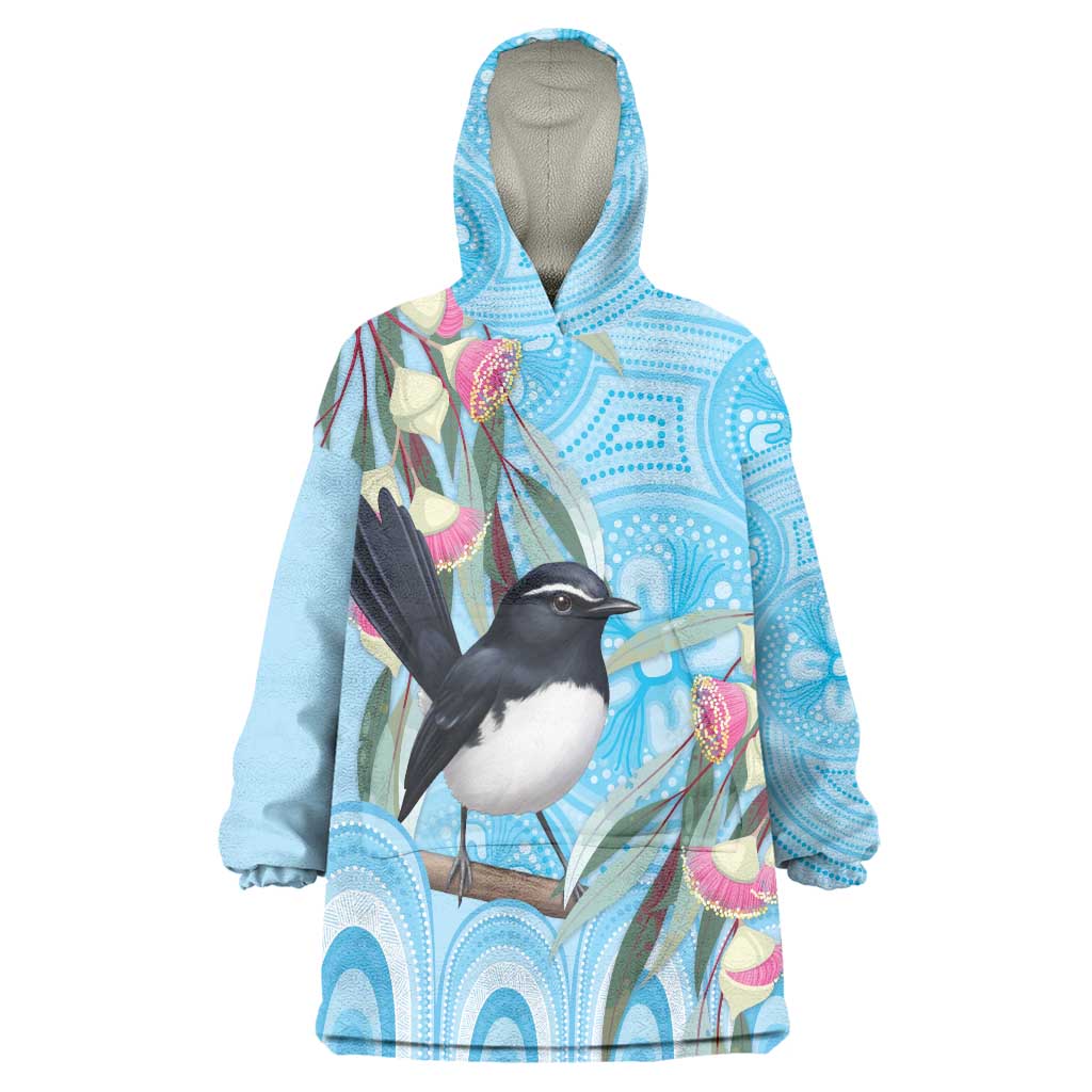Willie wagtail Australia Wearable Blanket Hoodie Eucalyptus Blossoms Aboriginal Art - Aussie Hoodie