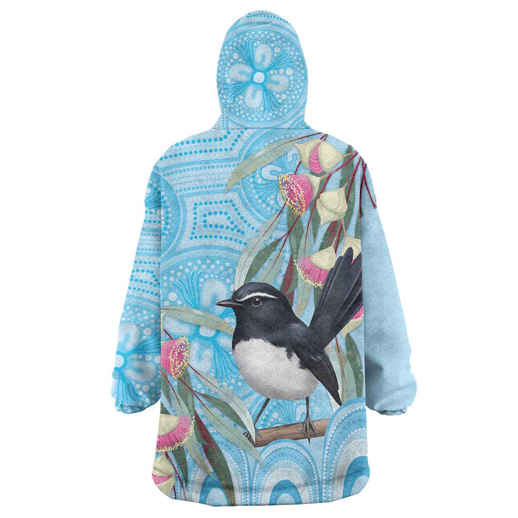 Willie wagtail Australia Wearable Blanket Hoodie Eucalyptus Blossoms Aboriginal Art - Aussie Hoodie
