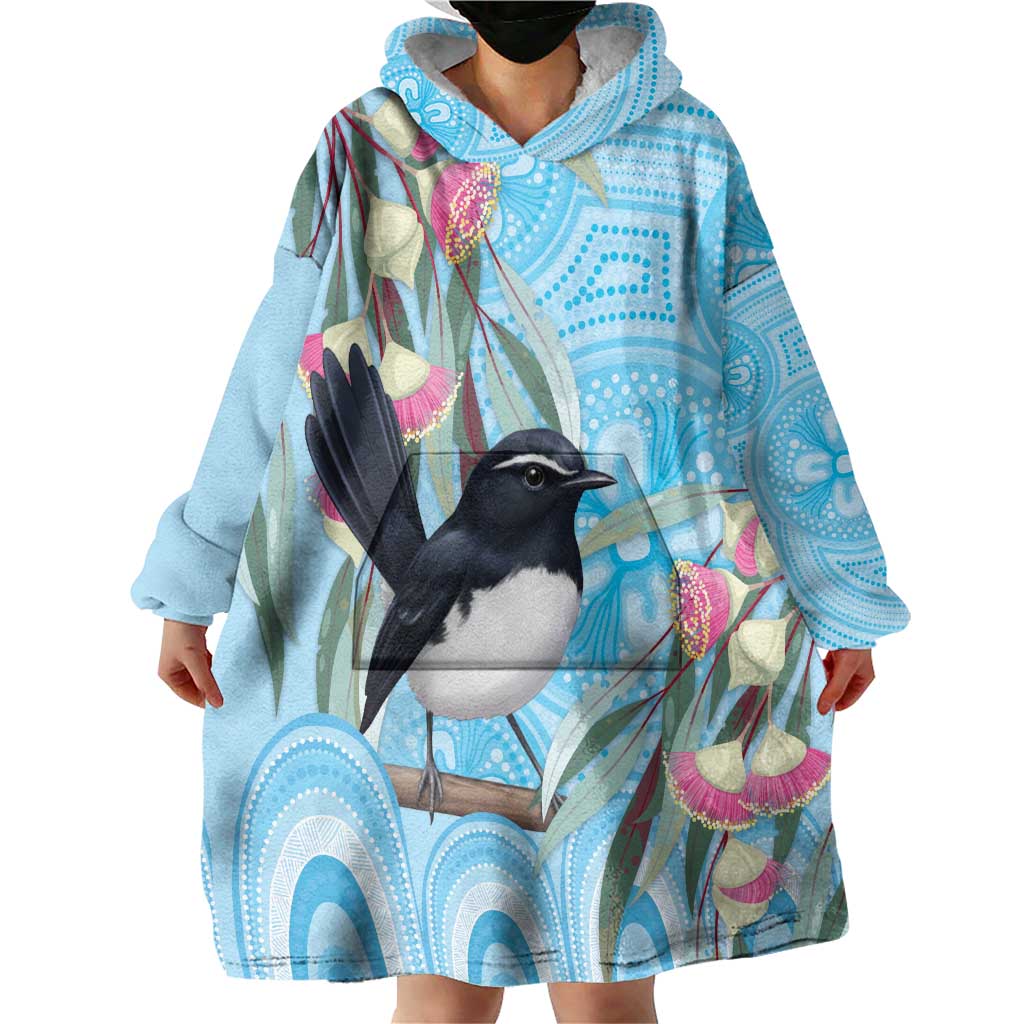 Willie wagtail Australia Wearable Blanket Hoodie Eucalyptus Blossoms Aboriginal Art - Aussie Hoodie