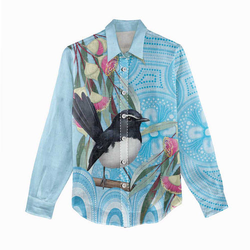 Willie wagtail Australia Women Casual Shirt Eucalyptus Blossoms Aboriginal Art - Aussie Hoodie