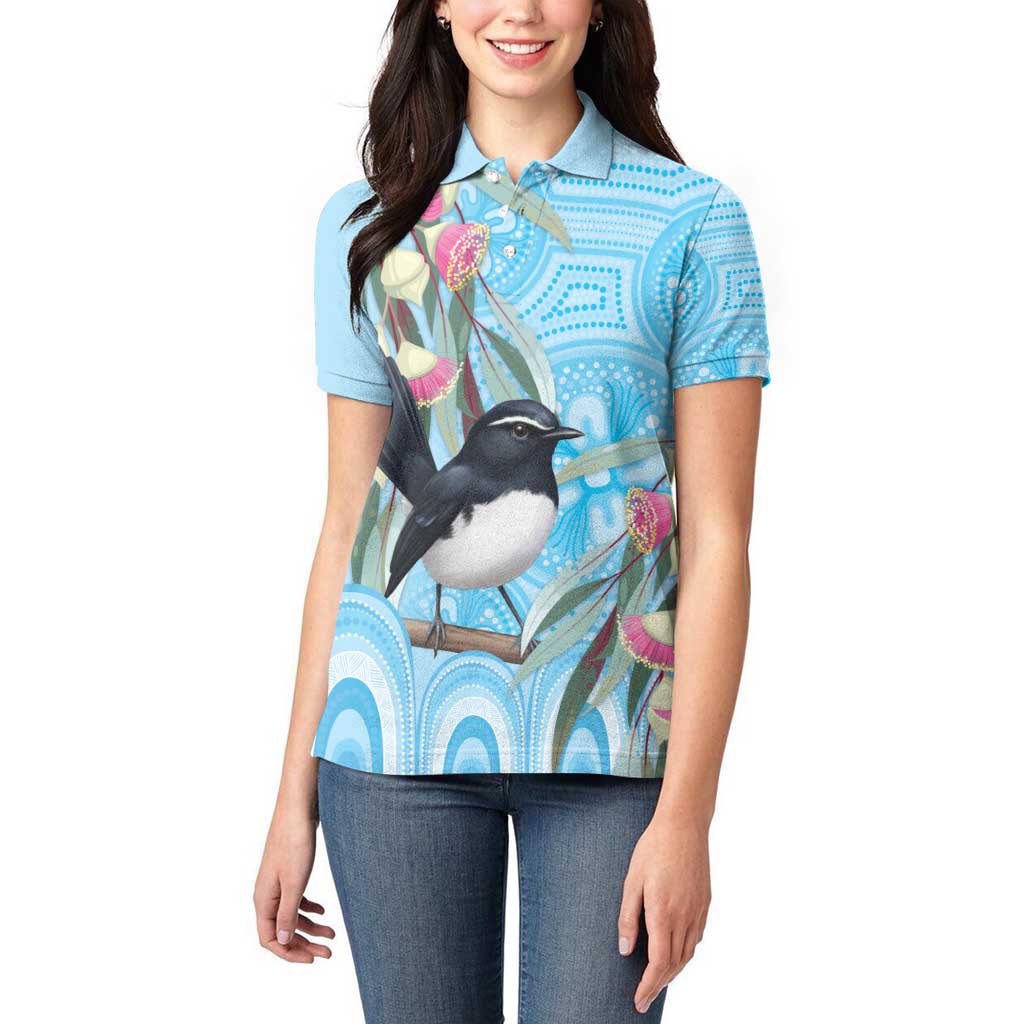Willie wagtail Australia Women Polo Shirt Eucalyptus Blossoms Aboriginal Art - Aussie Hoodie