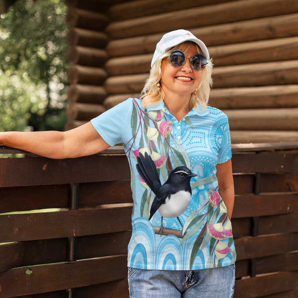 Willie wagtail Australia Women Polo Shirt Eucalyptus Blossoms Aboriginal Art - Aussie Hoodie