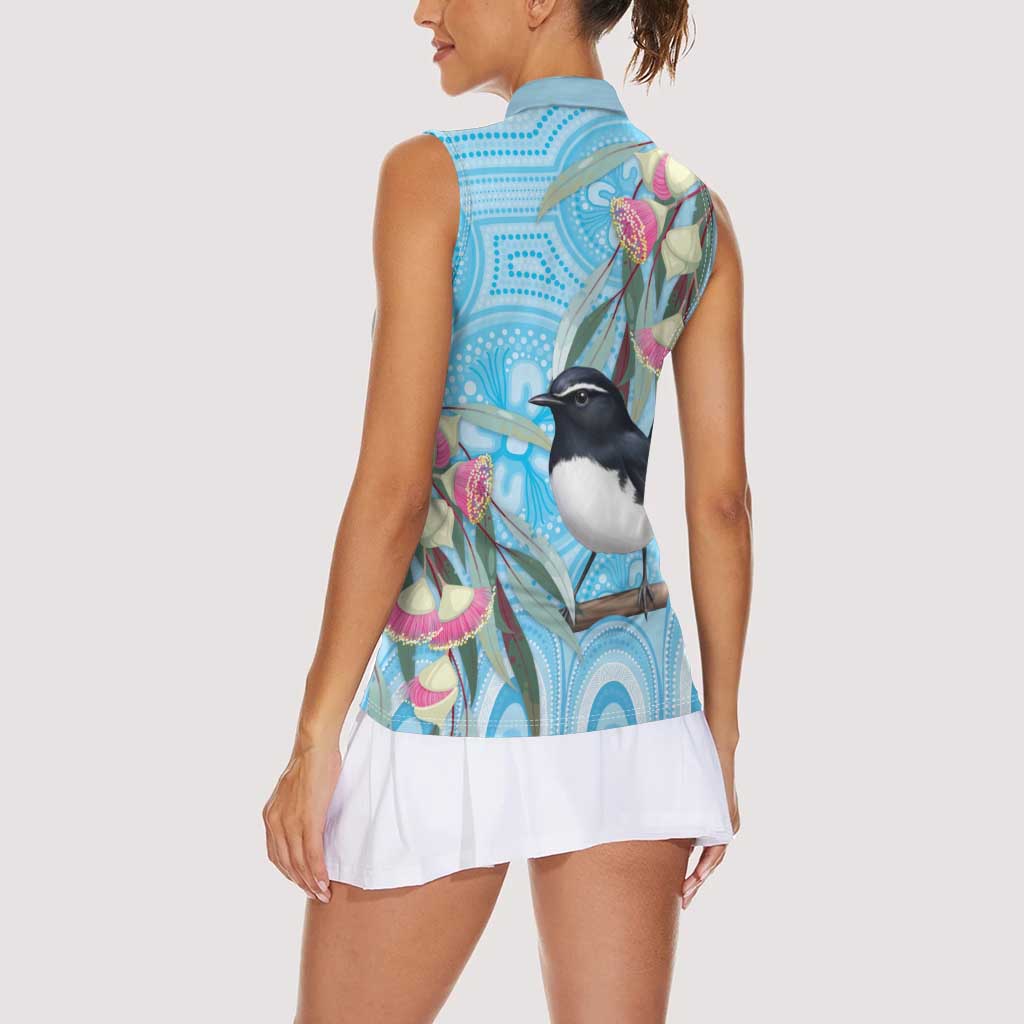 Willie wagtail Australia Women Sleeveless Polo Shirt Eucalyptus Blossoms Aboriginal Art - Aussie Hoodie