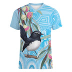 Willie wagtail Australia Women V-Neck T-Shirt Eucalyptus Blossoms Aboriginal Art - Aussie Hoodie