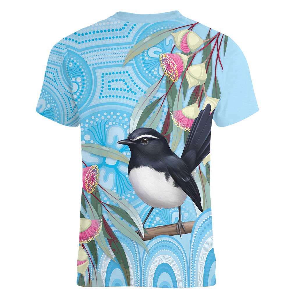 Willie wagtail Australia Women V-Neck T-Shirt Eucalyptus Blossoms Aboriginal Art - Aussie Hoodie
