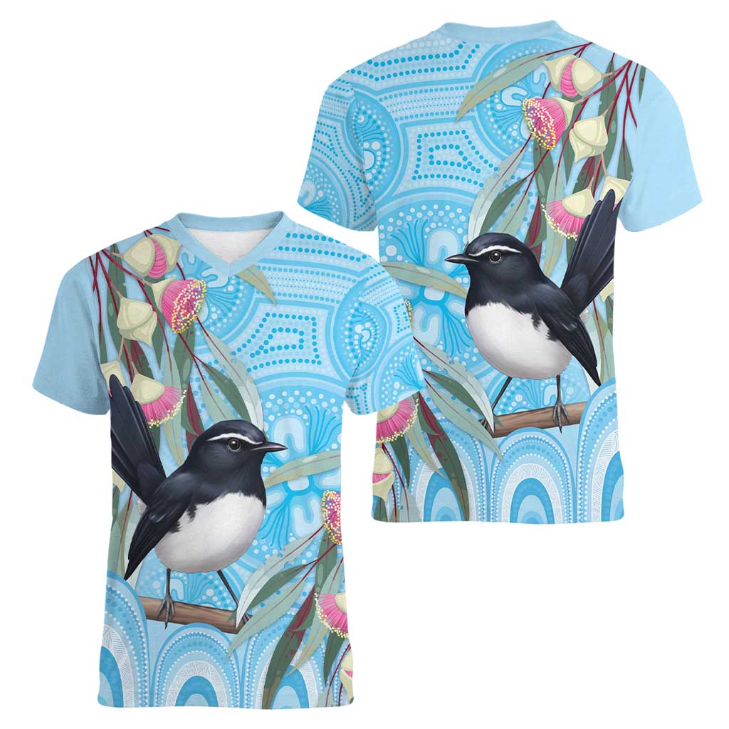 Willie wagtail Australia Women V-Neck T-Shirt Eucalyptus Blossoms Aboriginal Art - Aussie Hoodie