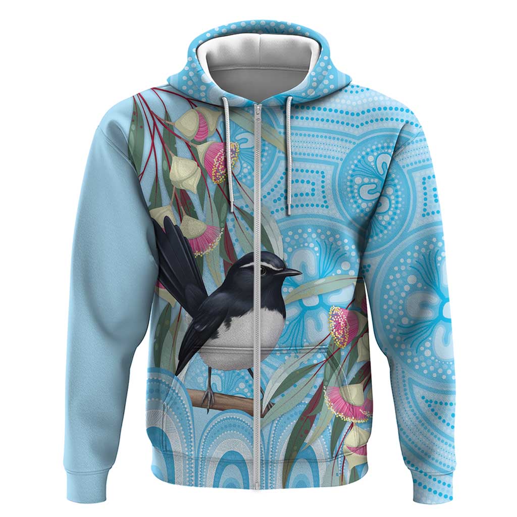 Willie wagtail Australia Zip Hoodie Eucalyptus Blossoms Aboriginal Art - Aussie Hoodie