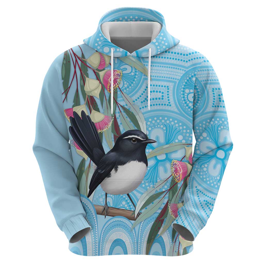 Willie wagtail Australia Zip Hoodie Eucalyptus Blossoms Aboriginal Art - Aussie Hoodie