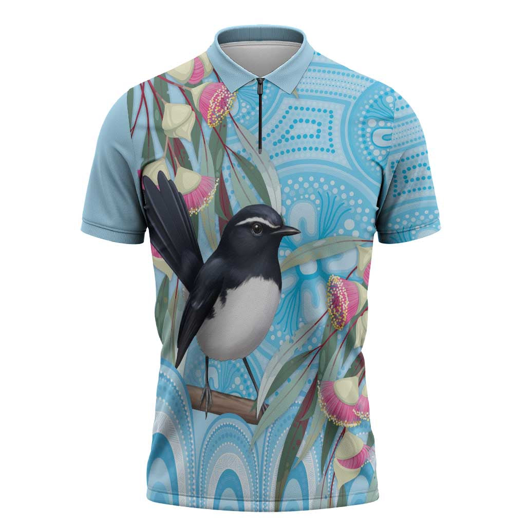 Willie wagtail Australia Zipper Polo Shirt Eucalyptus Blossoms Aboriginal Art - Aussie Hoodie